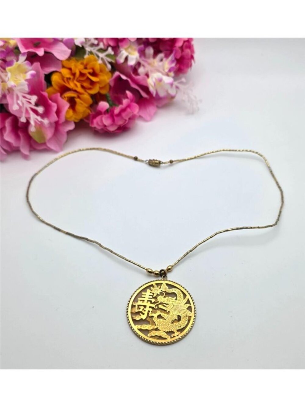 Vintage Chinese Dragon Shou Longevity Pendant Necklace Gold Tone Reversible 21"